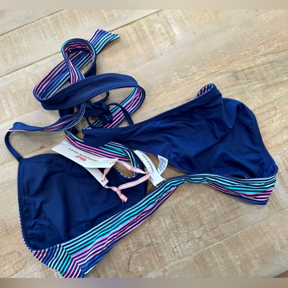 Vineyard Vines multi stripe cross over bikini swim top reversible deep Bay nwt - Picture 3 of 9